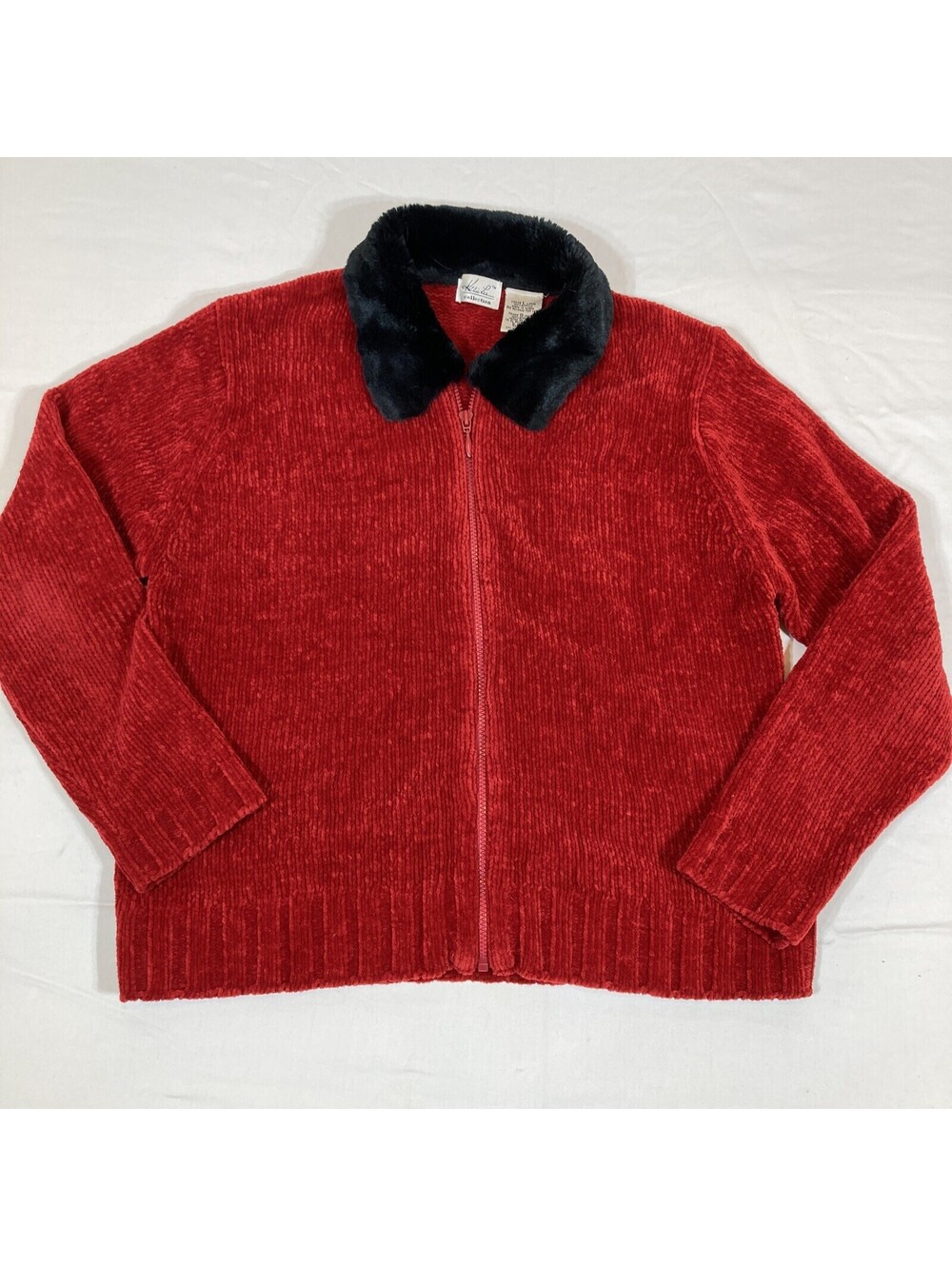 Kathie Lee Large Womens Red Zippered Black  Faux Fur Collar Cardigan Sweater EUC